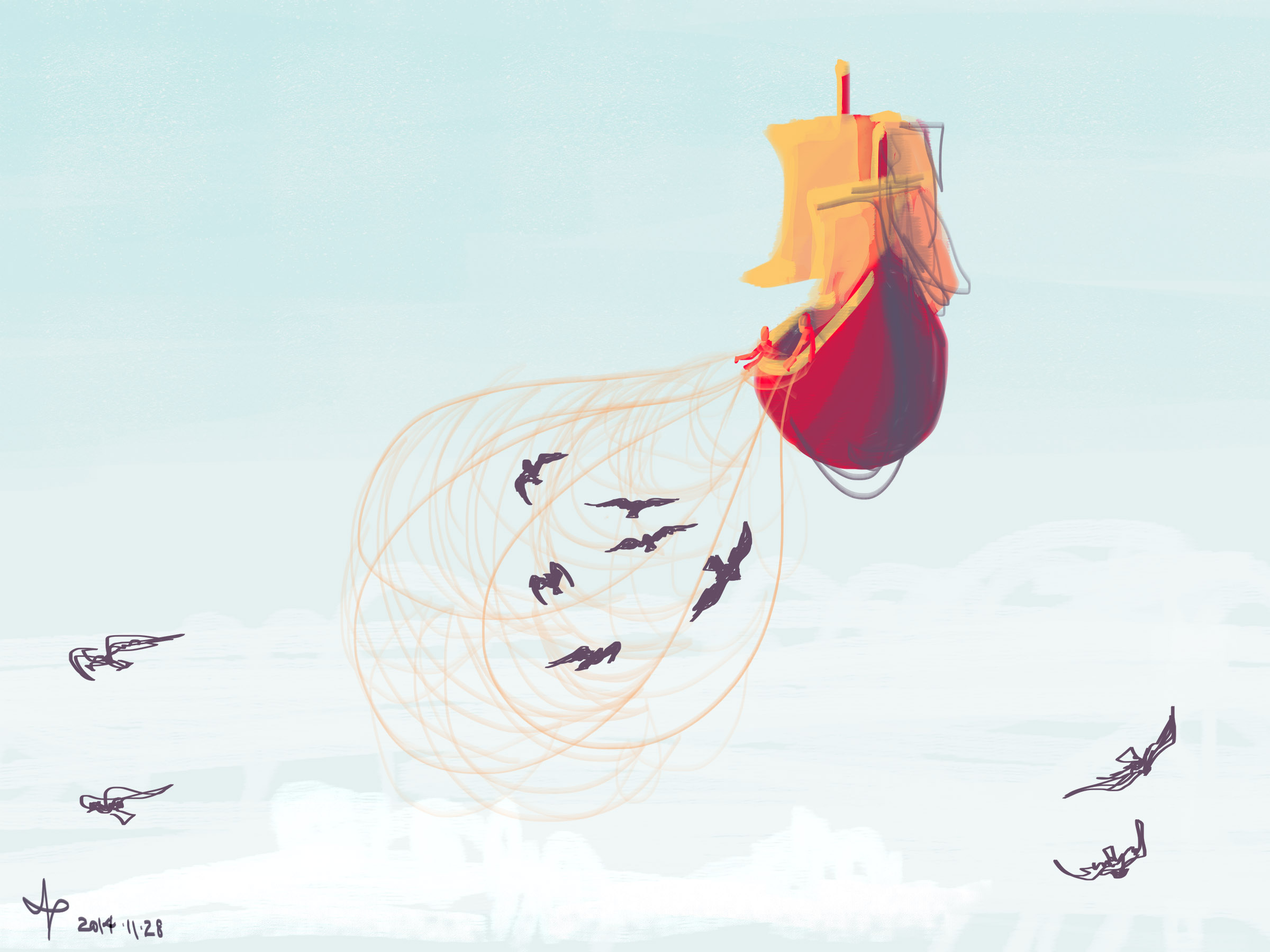A digital painting of a flying pirate ship throwing a net out to catch crows.