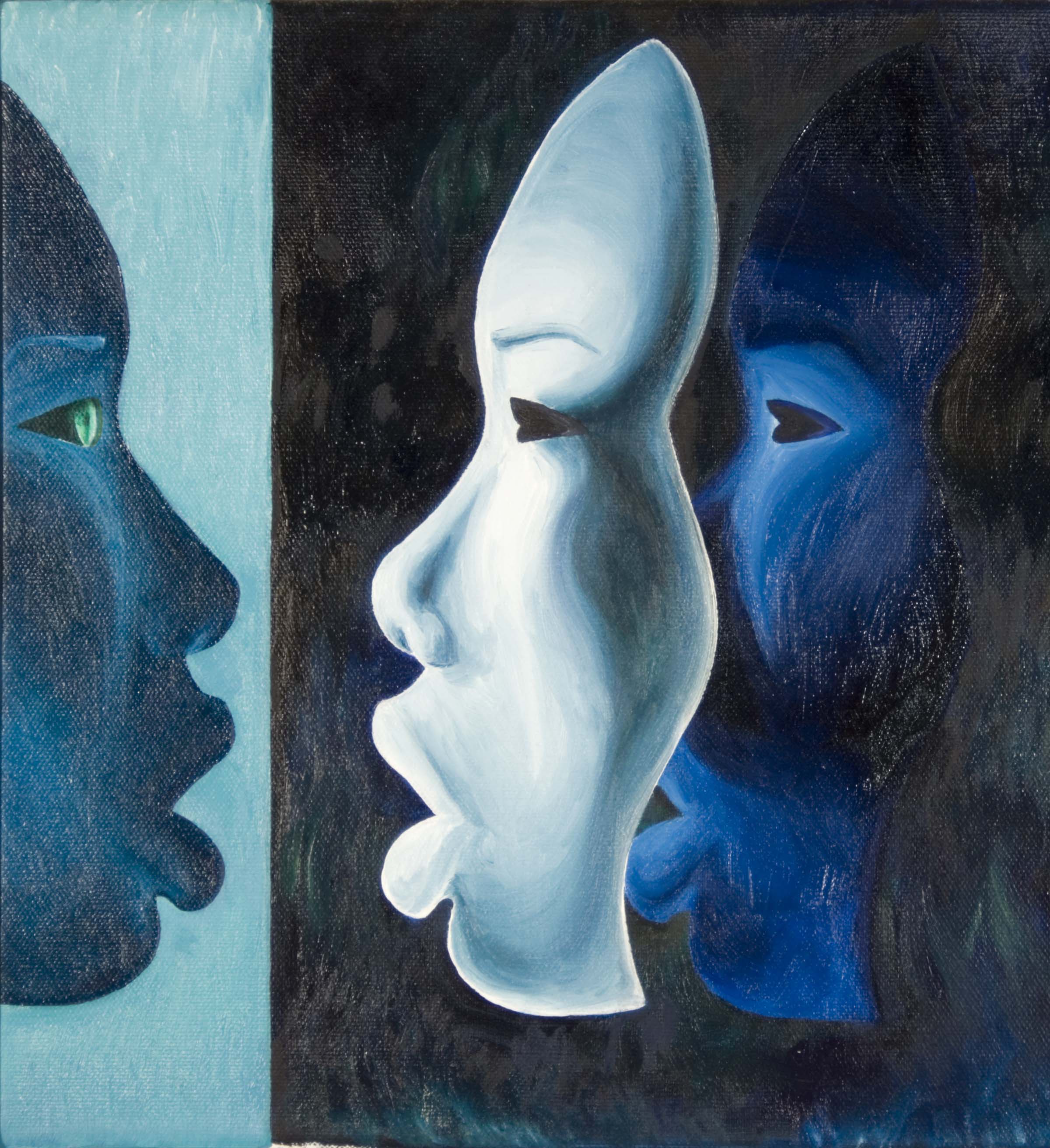 A painting of the silhouette of a face looking at two stacked masks in its likeness. The title and piece are inspired by Aubrie's diagnosis of infantile-onset facioscapulohumeral muscular dystrophy.