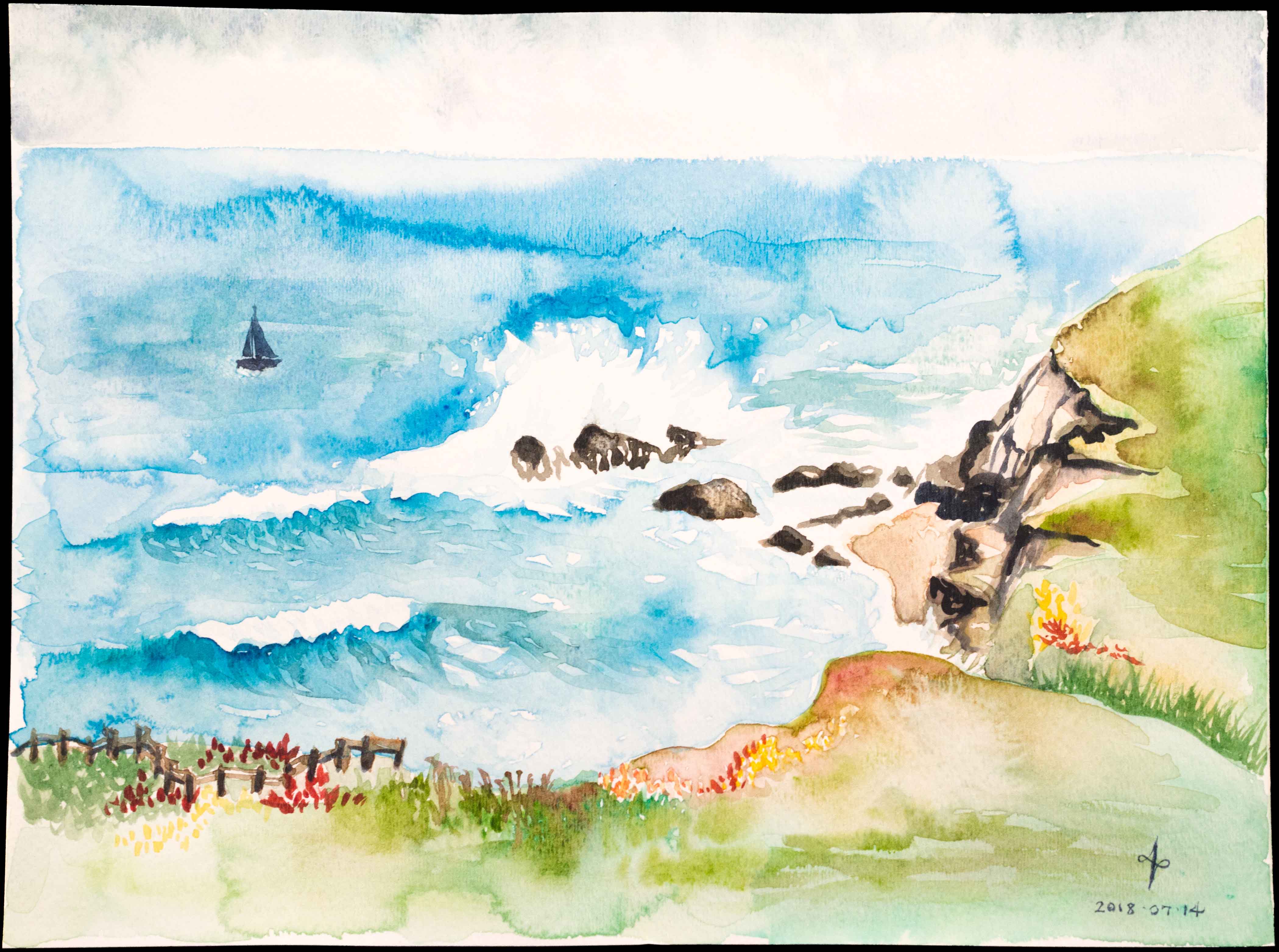 A painting of Half Moon Bay. An ocean wave breaks over rocks near a flower-speckled line of cliffs.