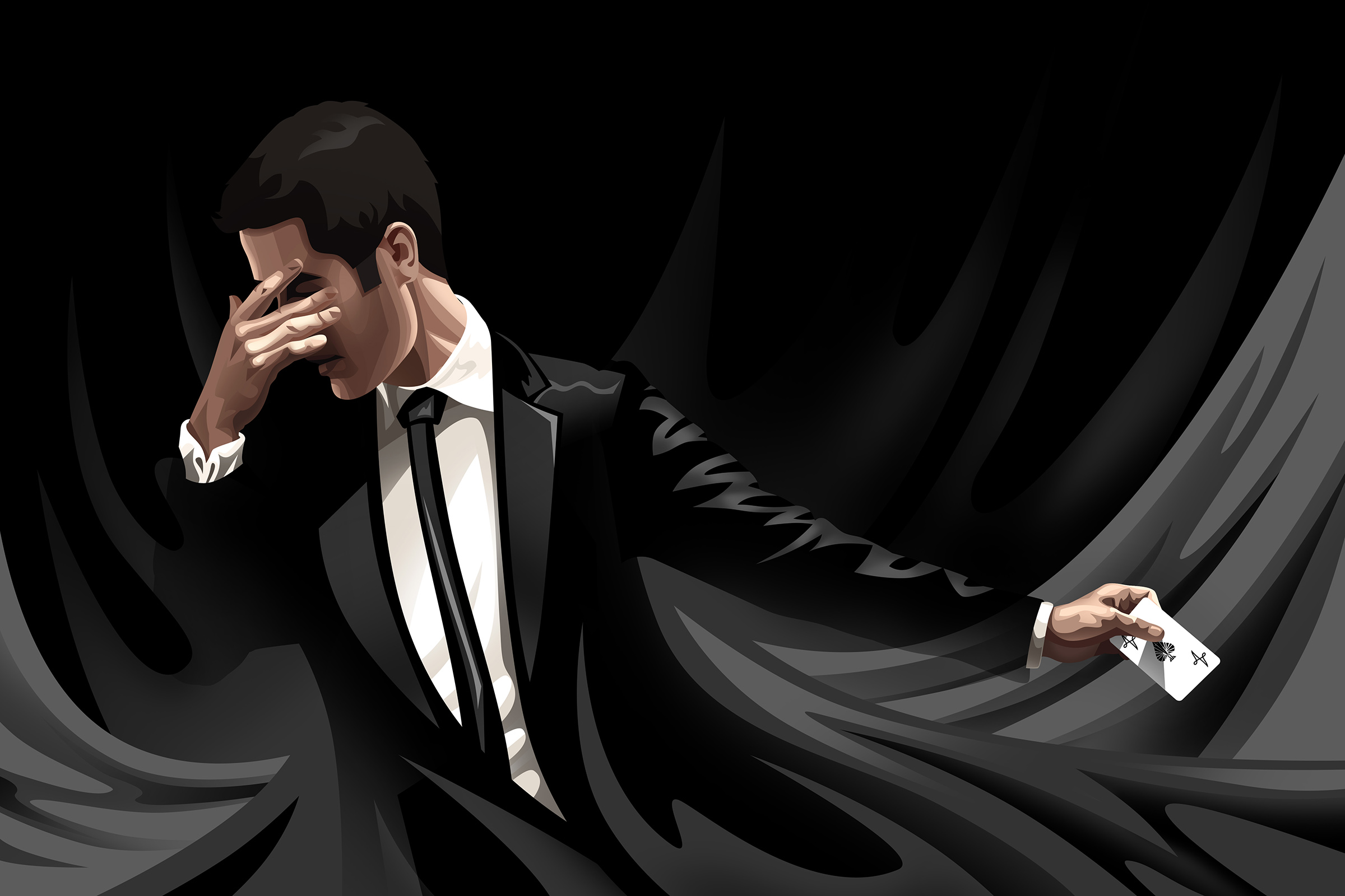 A vectored portrait of the magician David Kwong. He holds his hand over his eyes as he summons a playing card.
