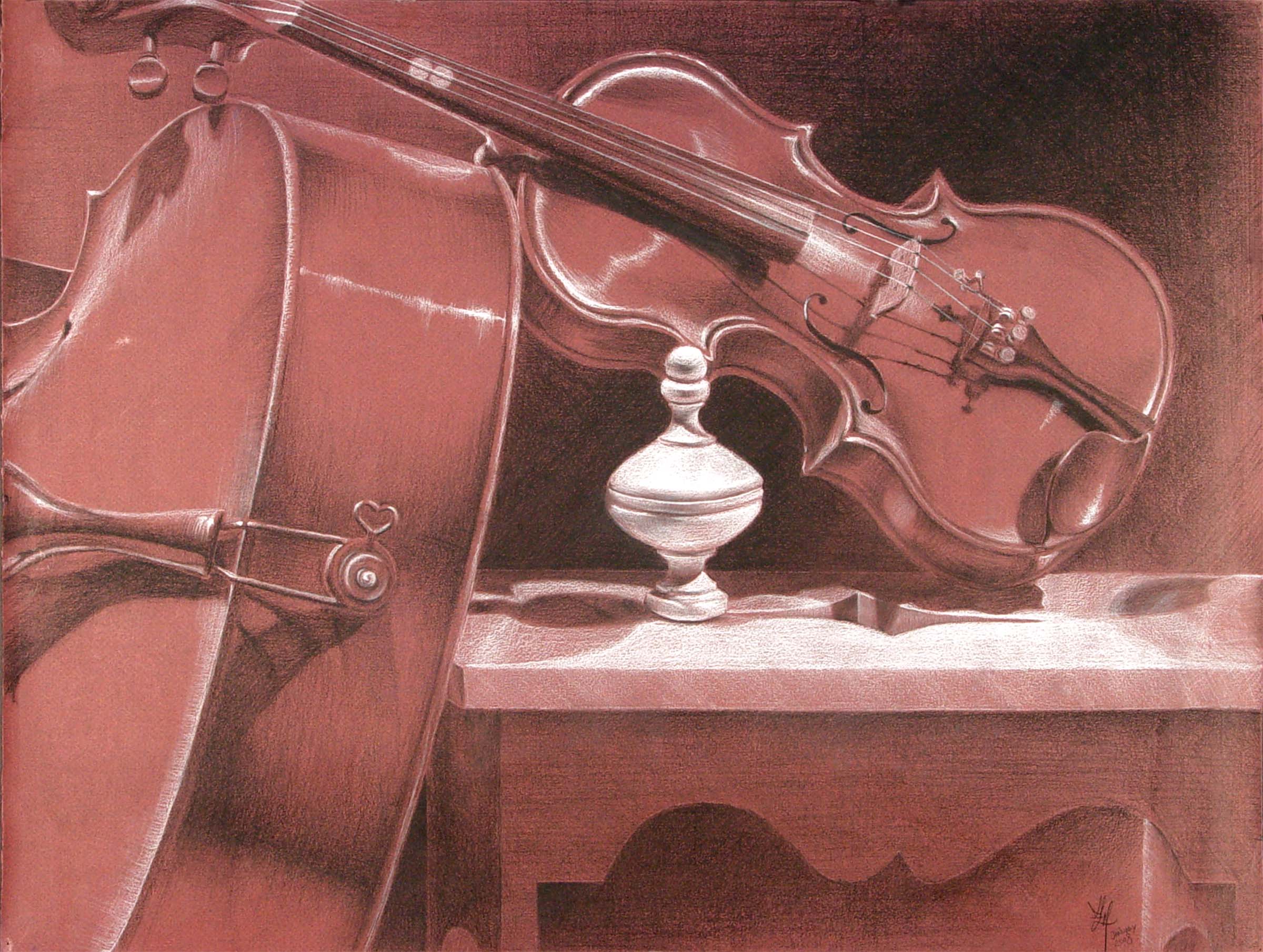 A drawing of a violin resting on a cello and framing a bottle that itself looks like something out of sheet music.