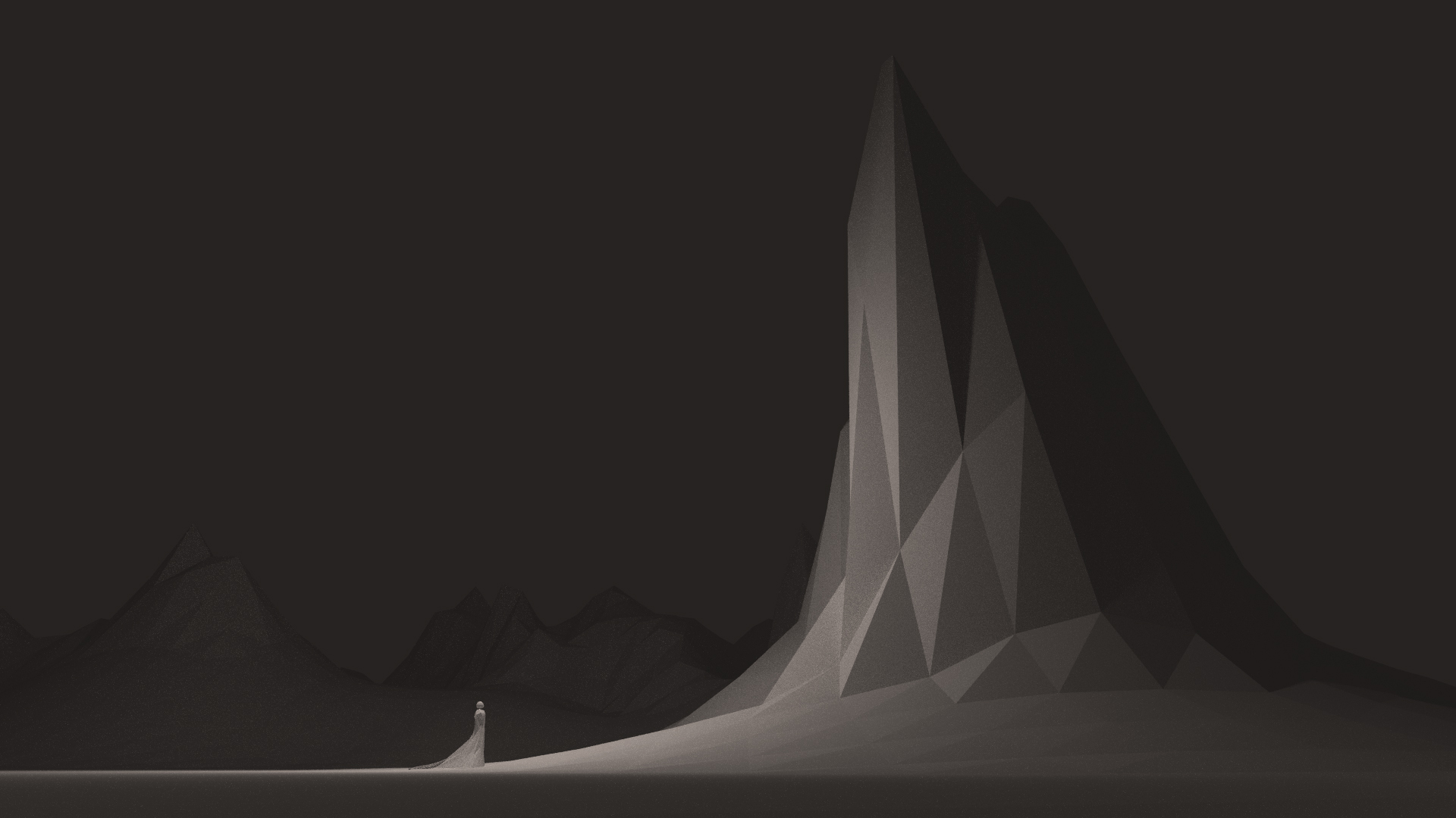 A low-poly rendition of a small figure facing a tall mountain.