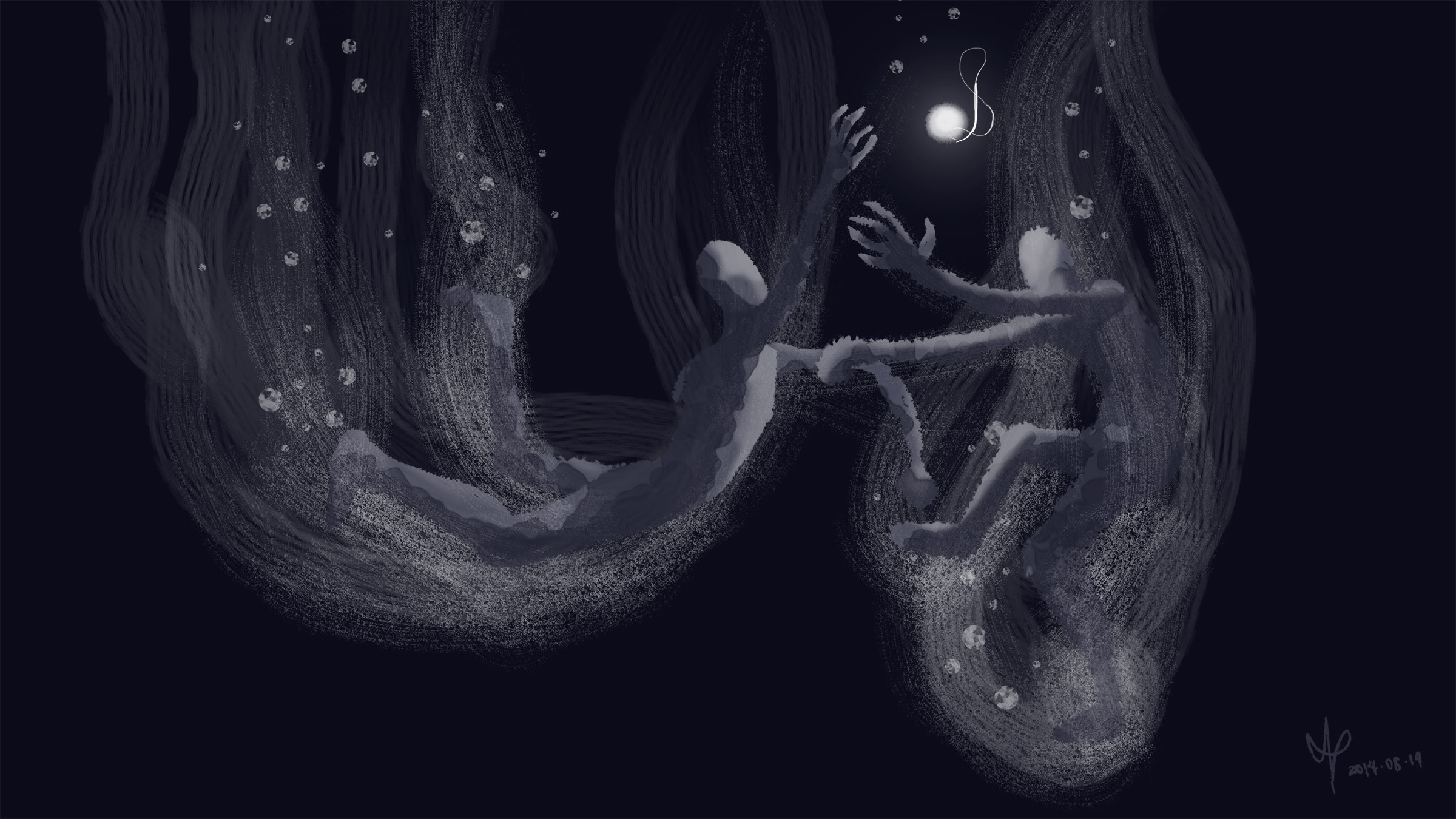 A digital painting of two figures grappling underwater for possession of a glowing necklace.