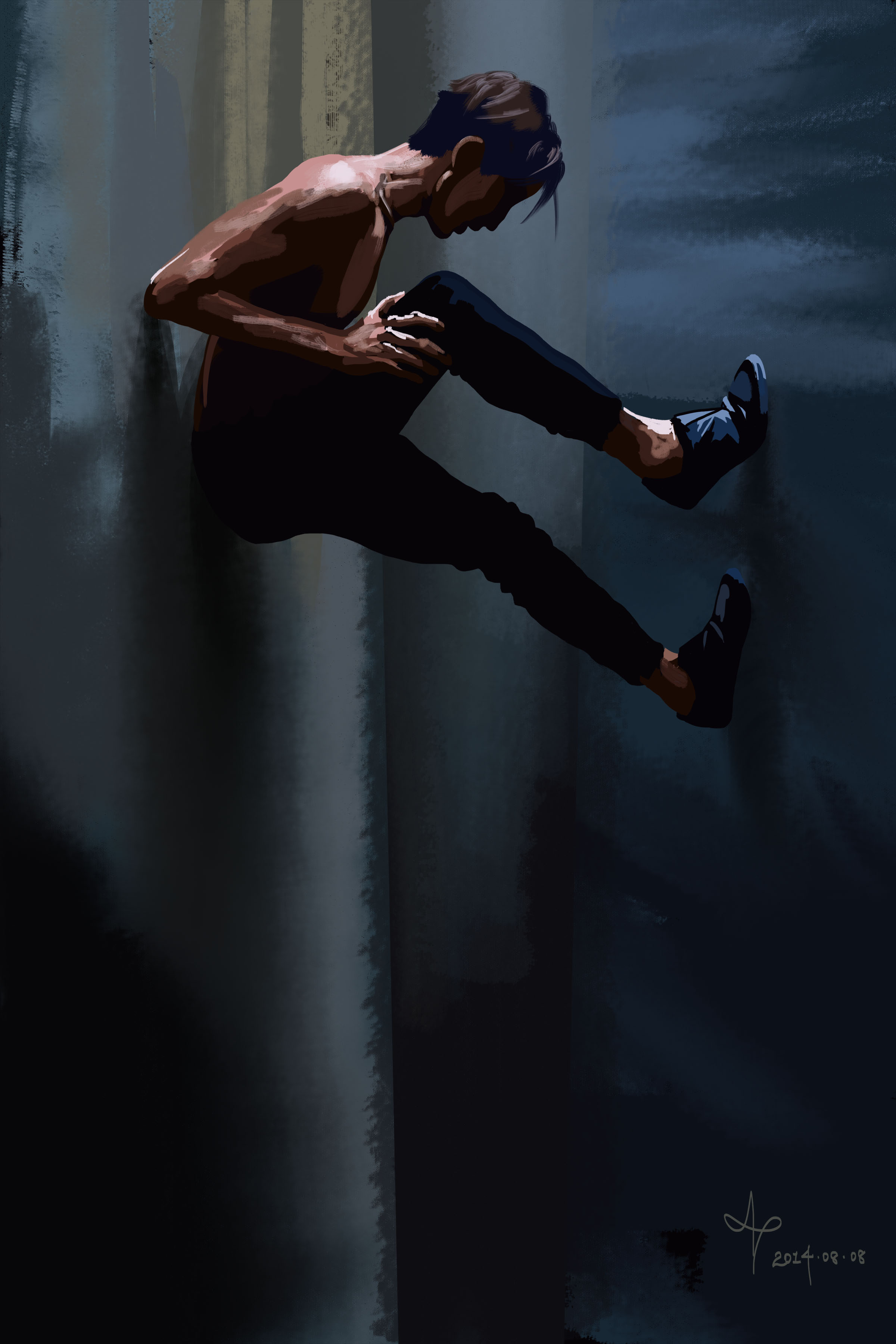 A digital painting of a man ensconced in a narrow space between two walls. His back is against one wall and his feet are braced against the other.